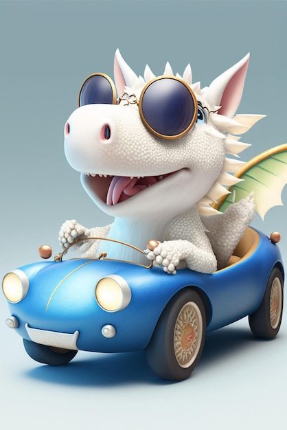 Dragón blanco de dibujos animados conduciendo un coche azul generativo ai