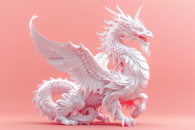 Un dragón blanco con ojos rojos está de pie sobre un fondo rosa