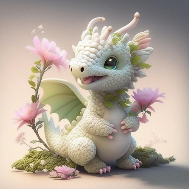 Un dragón blanco con ojos rosados se sienta sobre una hierba verde y flores.