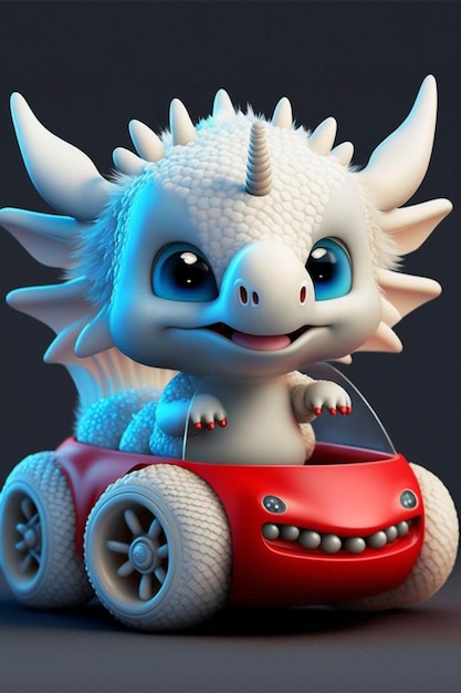 Dragón blanco sentado encima de un coche rojo generativo ai