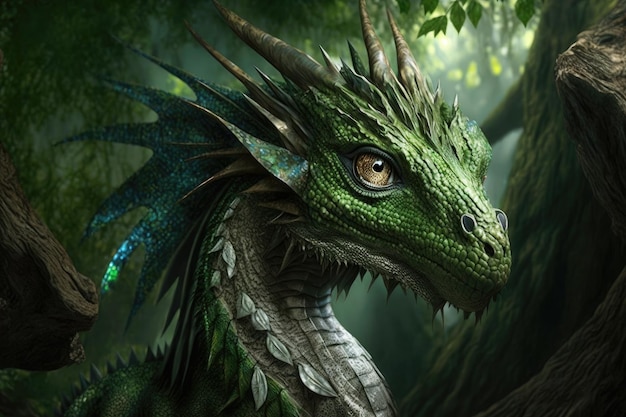 Dragón de bosque verde de cola larga con grandes alas y ojos ardientes creado con IA generativa