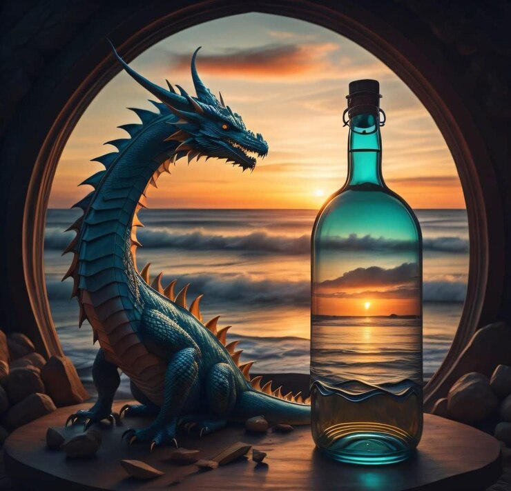 Foto un dragón y una botella de vino están sentados en una mesa con una puesta de sol de fondo.