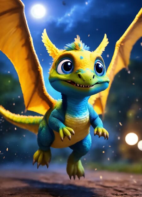 un dragón con cabeza azul y ojos amarillos está de pie en la lluvia