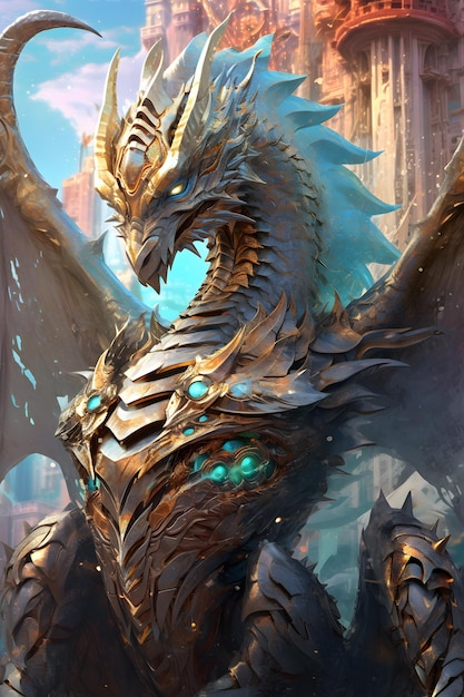 Un dragón con cabeza azul y ojos azules.