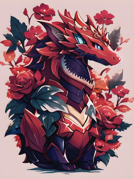 Un dragón de cabeza roja y cabeza roja está rodeado de rosas.