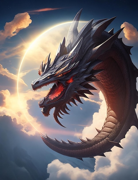 Un dragón con una cara azul y ojos amarillos está rodeado de llamas.