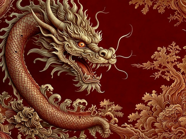 un dragón con una cara de dragón y un fondo rojo