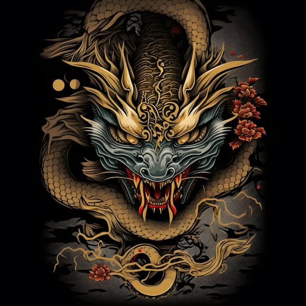 Un dragón con cara de oro y una serpiente en el frente.