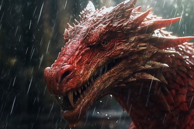 Un dragón con la cara roja está bajo la lluvia.