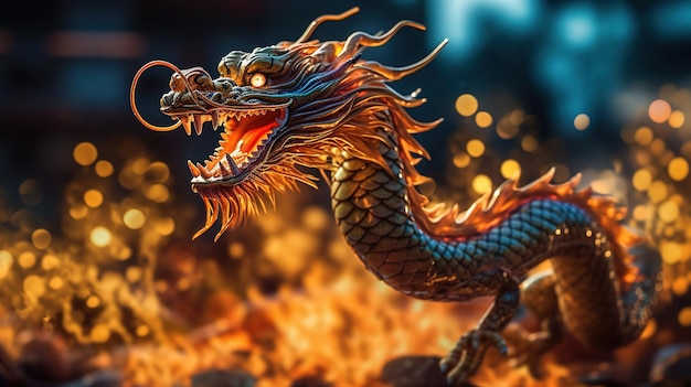 Foto dragón chino de asia volando del fuego imagen bokeh fondo borroso