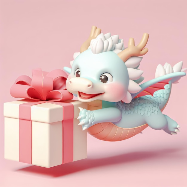 Dragón chino con caja de regalo en fondo rosa