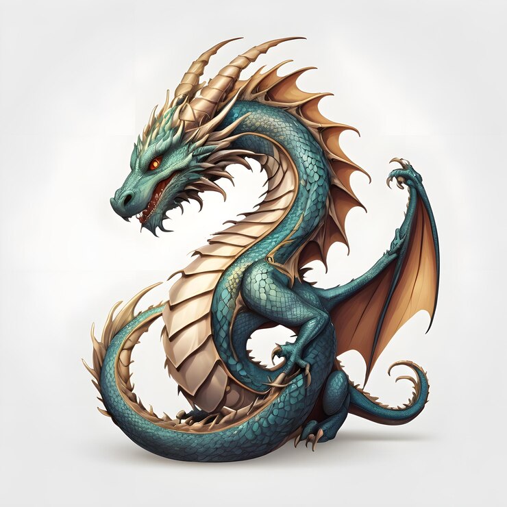 Dragón chino dorado y azul enroscado alrededor de un marco circular sobre fondo blanco