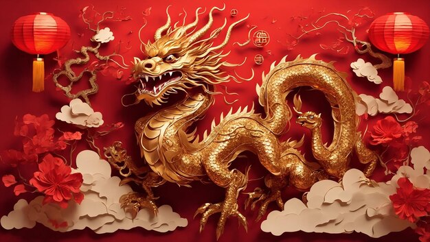 dragón chino dorado con linternas de papel en fondo rojo estilo de arte de papel