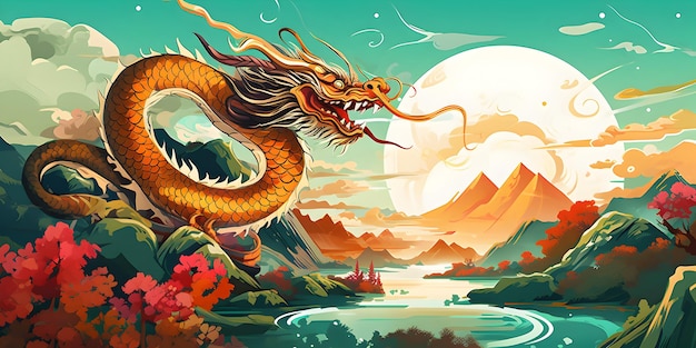 El dragón chino en el fondo de la ilustración de la naturaleza