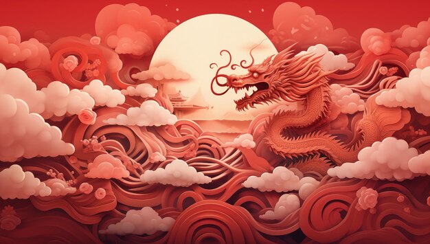 dragón chino rojo sobre fondo de cielo rojo