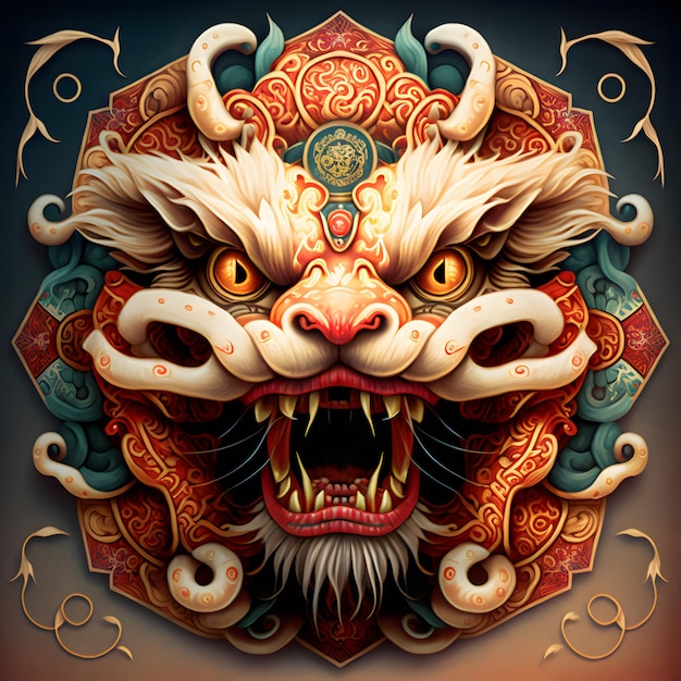 Un dragón chino con un símbolo en la cabeza.