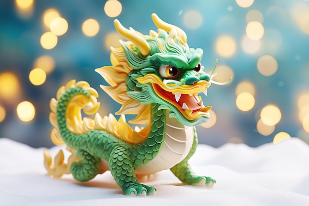 Dragón chino tradicional sobre fondo bokeh dorado festivo Estatuilla de un dragón de madera verde 2024 Símbolo de año nuevo Año nuevo chino Navidad postal de vacaciones de invierno Dragón de madera verde 2024