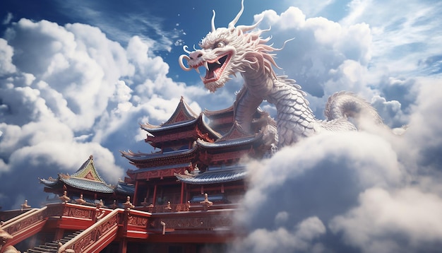 dragón chino volando hacia el ángulo de la cámara vista lejana