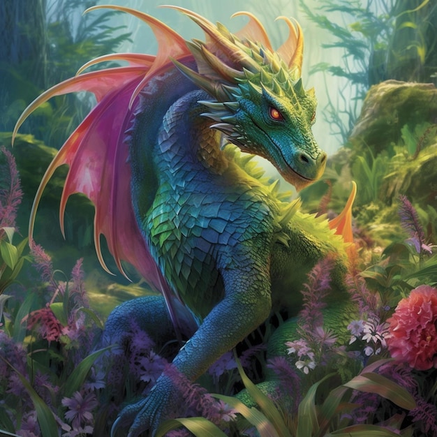 Un dragón con cola roja y azul y cabeza rosa.