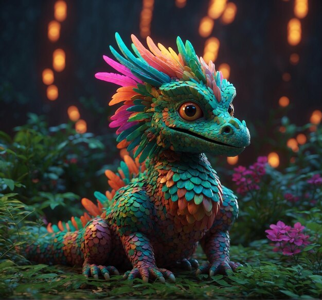 Foto un dragón de colores con una melena de colores en la cabeza