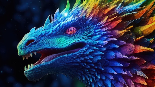 un dragón colorido con dientes afilados