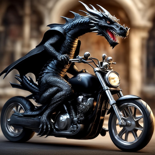 dragón conduciendo moto negra color dragón vestido de cuero pura perfección presencia divina
