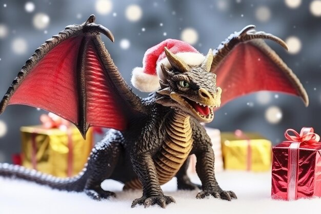 Dragón contra el fondo de la nieve que cae La idea de Año Nuevo y Navidad