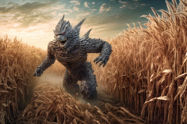 Dragón corriendo en un campo de trigo ilustración generativa ai