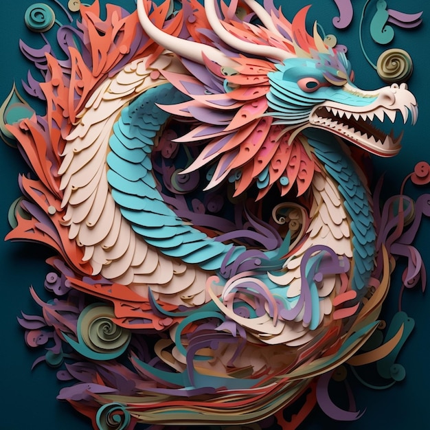 Dragón de corte de papel de colores brillantes con cola larga y alas curvas ai generativo