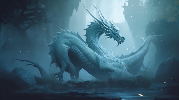 Un dragón con cuerpo azul y cuerpo blanco está frente a un fondo oscuro.