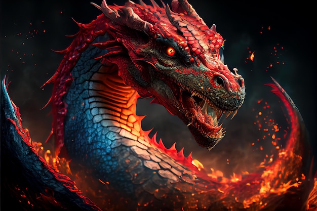 Un dragón de cuerpo azul y rojo y cabeza roja está rodeado de llamas.