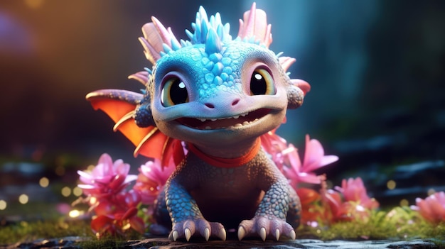 Un dragón desdentado con una cola azul se sienta en un jardín de flores.