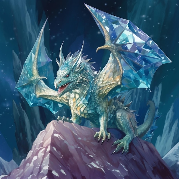 Un dragón con un diamante en las alas está en una montaña nevada.