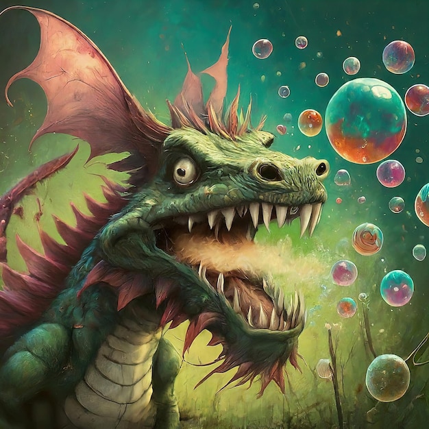 dragón de dibujos animados con un gran ojo en el agua pintura digital ilustración de alta calidad