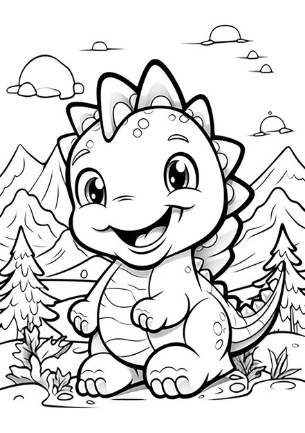 Un dragón de dibujos animados sentado en la hierba con montañas en el fondo ai generativo