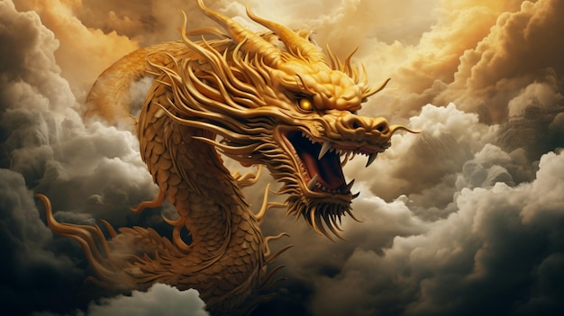 Foto el dragón dorado chino despegando en la ilustración