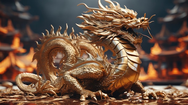 Dragón dorado una criatura mágica del mundo de la fantasía.