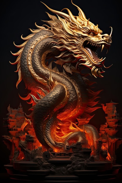 un dragón dorado gigante con fondos astrales oscuros y un cuerpo dorado y de fuego flujo de energía textura intrincada dragón chino