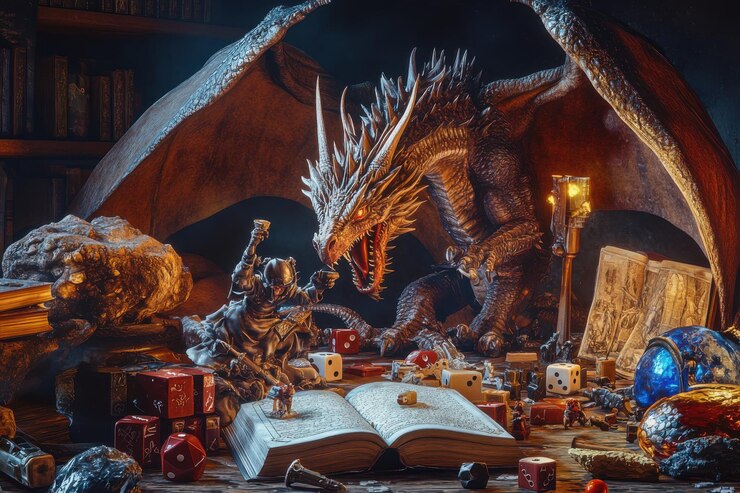 Dragón dorado leyendo un libro de hechizos iluminando la mazmorra con su aliento ardiente en un juego de rol de mesa de fantasía
