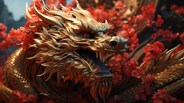 Foto dragón dorado renderizado en 3d en un fondo rojo del año nuevo chino
