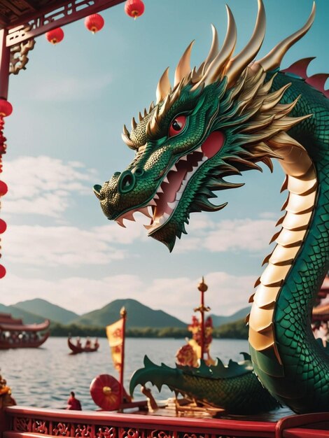 un dragón con un dragón en él está en un barco