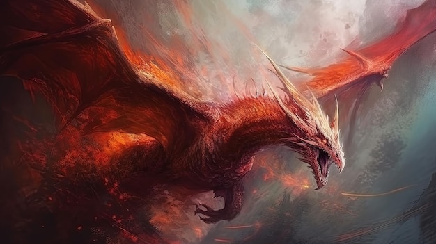 un dragón con un dragón rojo al fondo