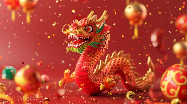 Foto dragón enredado alrededor de 2024 en fondo rojo con decoraciones de oro texto dragón trae prosperidad al mundo