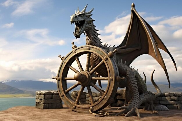Foto dragón enrollado alrededor de una catapulta medieval