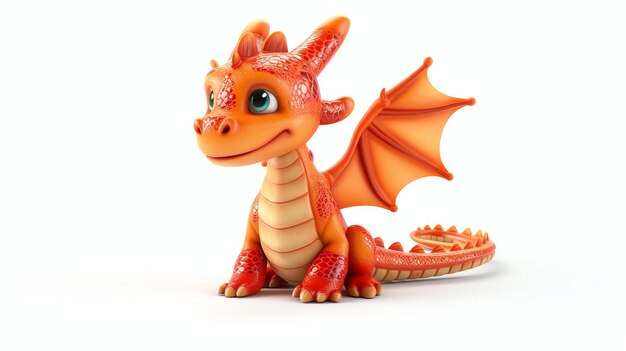 El dragón es naranja y tiene grandes ojos azules está sentado sobre un fondo blanco y mirando a la cámara