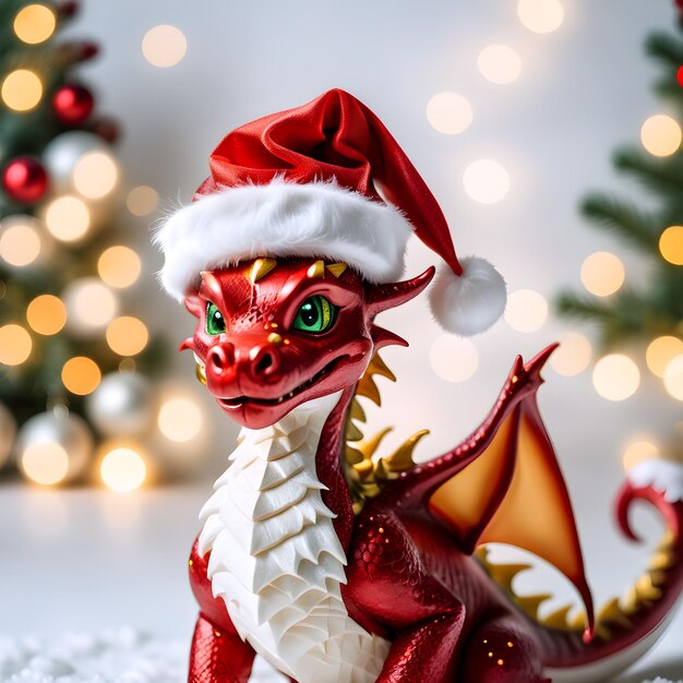 El dragón es un símbolo del Año Nuevo y la Navidad en un sombrero de Papá Noel en un fondo borroso con un bokeh