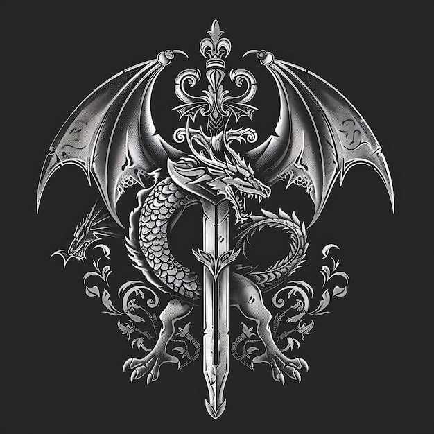Foto un dragón con una espada y un dragón en él