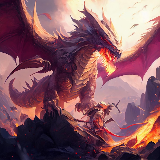 Un dragón con una espada está sobre una roca con la palabra dragón en ella.