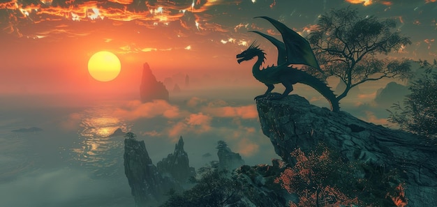 Un dragón está encaramado en un acantilado rocoso con vistas a un cuerpo de agua el cielo está lleno de nubes y t