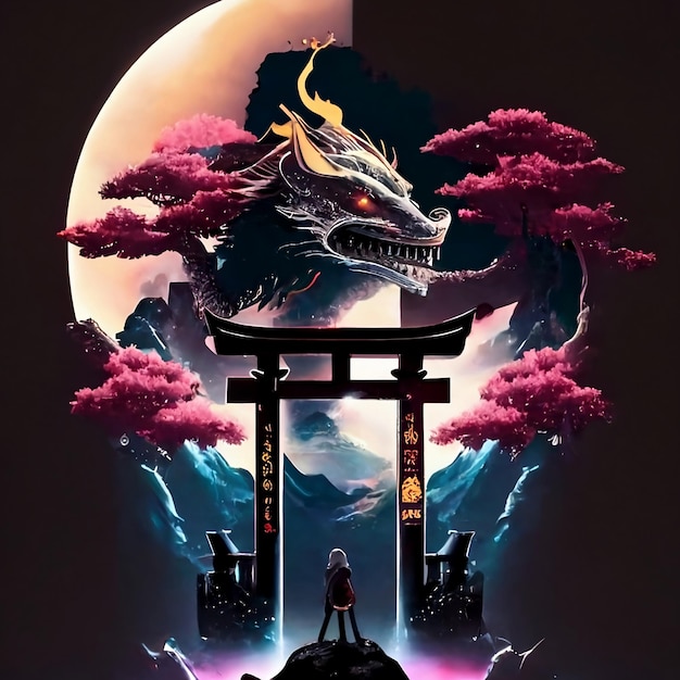 Un dragón está sobre una roca frente a una puerta japonesa.